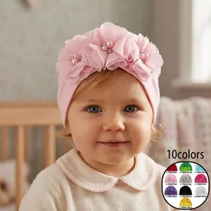 Baby Turban Beanie Hat Soft Knit Cotton Chiffon Flower Artificial Pearl Rhinestone Decorative Elastic Headwrap Infants Girls