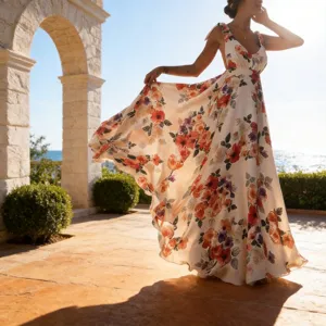 Women Bohemian Floral Print Maxi Dress Sexy Backless Spaghetti Strap V Neck Large Swing Summer Beach Vacation Long Dress
