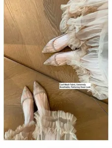 Elegant mesh rhinestone pointed toe slingback high heels for women fairy style shoes