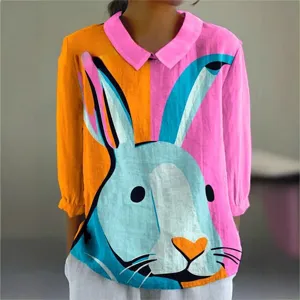 Women long-sleeve turn-down collar shirt with colorful rabbit print front main view.