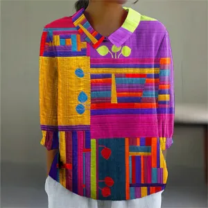 Chic 3D abstract patchwork print long sleeve lapel blouse casual spring autumn women top