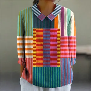 Colorful patchwork long sleeve lapel blouse for women, vibrant stripe print casual shirt top