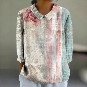 Vintage floral print lapel long sleeve casual blouse for women spring fashion apparel