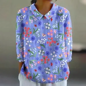 Damen Freizeit Langarm Bluse mit klarem Umlegekragen und buntem Blumen Digitaldruck.
