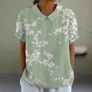 Damen Sommer Kurzarm Revershemd mit Retro Blumenmuster botanischem Druck Freizeit Top