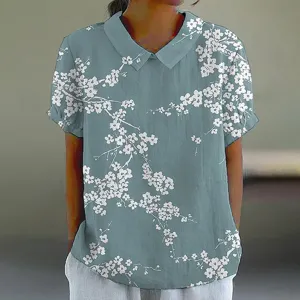 Damen Kurzarm Blumenmuster Revers Hemd Sommer Lässige Knopfleiste Bluse Oberteil