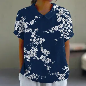 Sommer lässige Blumenmuster Kurzarm Poloshirt für Damen, Vintage Stil Bluse Tops.