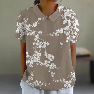 Damen Sommer Kurzarm Reverskragen Hemd Vintage Blumenmuster lässige Bluse Top neu