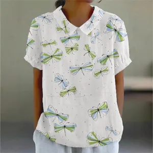 T-Shirt à Revers Pour Femme En Élasthanne Imprimé Floral Numérique Manches Courtes Coupe Décontractée Haut Style Polo