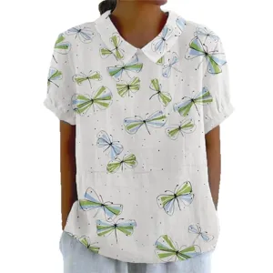 T-shirt décontracté à revers pour femme à manches courtes avec imprimé papillon abstrait.