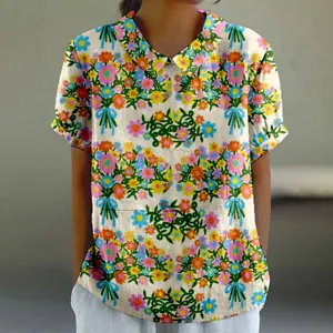 Chemisier femme imprimé floral, haut décontracté à manches courtes et col à revers chic.