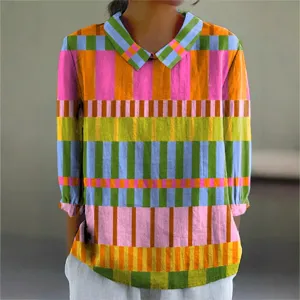 Damen Vintage Digitaldruck Seersucker Bluse Lässig Langarm Revers Top Retro Geometrisch Patchwork Bedruckt Hemd Damen