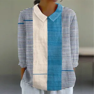 Damen lässige langärmelige Reversbluse mit kreativem gestreiften und farbblockierten Design.