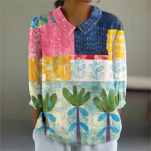 Damen Freizeit Langarm Umlegekragen bunte abstrakte Kunst Druck Bluse Top für Alltag