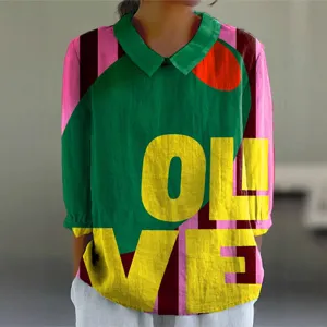 Damen Freizeit Revers Langarm Bluse mit kreativem Digitalgrafik Druck abstrakter Kunst Stil Hauptbild