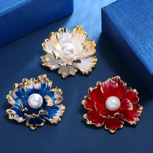 Vintage Chinese Style Peony Flower Brooch For Women Zinc Alloy Enamel Artificial Pearl Rhinestone Elegant Cheongsam Suit Pin Accessory
