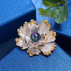 Vintage peony flower brooch detail shot, exquisite gold-plated edges with colorful center bead.