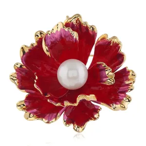 Vintage Chinese style peony flower brooch for women, elegant gold red enamel corsage pin.