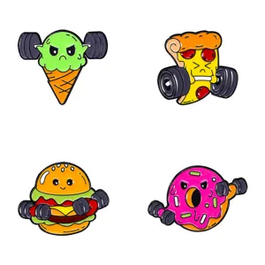 Bonito juego de pines esmaltados con divertidos diseños de dibujos animados de fitness como hamburguesa.