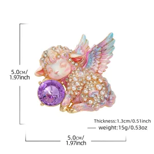 Broche de oveja ángel linda con brillantes y cristal morado, elegante alfiler de animal.