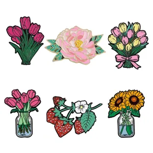Cute spring floral enamel pins set, tulip peony sunflower strawberry badges for clothes and bags.