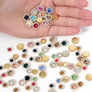 Colorful rhinestone flower buttons, sparkling crystal DIY hair accessories and craft embellishments.