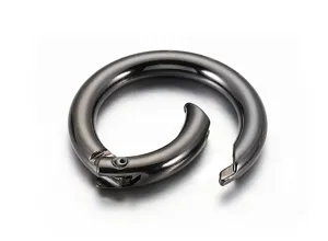 Metal spring snap hook detail showing the openable circular ring design and smooth finish.