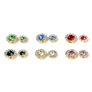 DIY craft rhinestone flower buttons, colorful crystal double layer hair accessories, detail view.