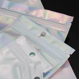 Sachets zip holographiques brillants, emballage plastique transparent pour câbles.