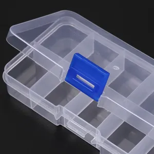 Transparent plastic storage box detail, multi-compartment container for jewelry and DIY parts.