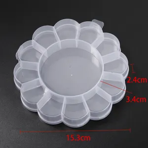 Transparent plastic flower shaped storage box with 15.3cm diameter for DIY craft items.
