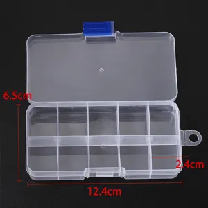 Transparent plastic storage box detail showing 10 compartments and blue latch mechanism.