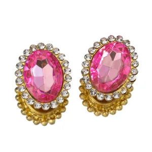 Accessoire de bijoux DIY en strass double couche ovale, base dorée avec cristaux roses et clairs.