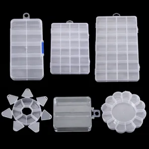 Clear plastic storage box detail, multi-compartment organizer for jewelry crafts.