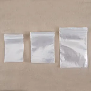 Detail shot of transparent PE ziplock bags in various sizes, showing clear material and seal.