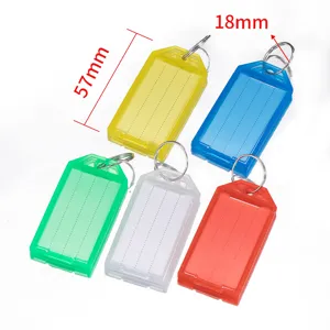 Colorful plastic key tags with split rings and label inserts, durable luggage ID tags.