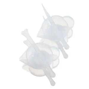 Translucent silicone mixing cups and stirring sticks set for DIY crystal epoxy resin crafts.