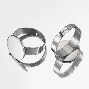 Detail shot of stainless steel adjustable blank ring trays for DIY jewelry making accessories.