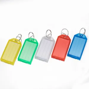 Colorful plastic key tags with split rings and label inserts for luggage and keys