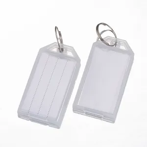 Transparent plastic key tags with split rings for luggage labeling and key classification.