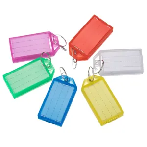 Colorful plastic key tags with split rings, portable luggage label tags for keys and organization.