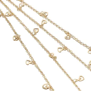 Gold heart chain bulk for DIY jewelry making, durable copper metal heart pendant necklace chain.