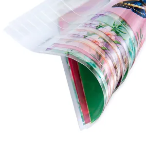 Detalle de bolsas de plástico transparentes autoadhesivas con coloridos patrones de mariposas y flores.