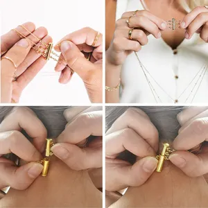 Detailed view of gold multi strand necklace clasp, magnetic tube lock for jewelry making.