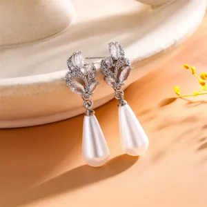 Franse Vintage Koperen Wijnstok Zirconia Druppel Oorbellen Met Kunstparel Witgoud Verguld Opengewerkte Lange Hangende Oorbellen Voor Dames Sieraden