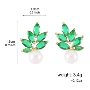 Vintage smaragd zirkoon parel oorstekers verguld elegante blad sieraden cadeau vrouwen