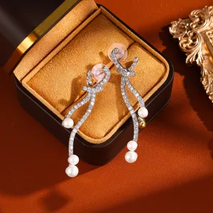 Elegante strik parel oorbellen met sprankelende zirkonia stenen modieuze dames sieraden