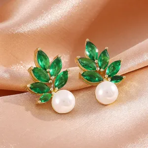 Vintage smaragdgroen zirkoon parel ohrstekers elegante vergulde blad sieraden voor dames