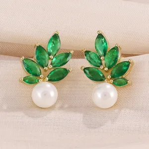 Luxe Koperen Zirconia Parel Oorknopjes Bladvorm Retro Vergulde Banket Oorbellen Voor Vrouwen Partij Mode Sieraden