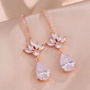 Prachtige Roségoud Waterdruppel Zirconia Hangende Oorbellen Voor Vrouwen Koper Ingelegde Cubic Zirconia Oorbellen Bruiloft Feest Sieraden Cadeau